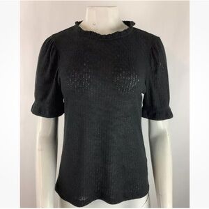 J Crew Sz M Puff Sleeve Pointelle Knit Top Black Polyester Pullover Style